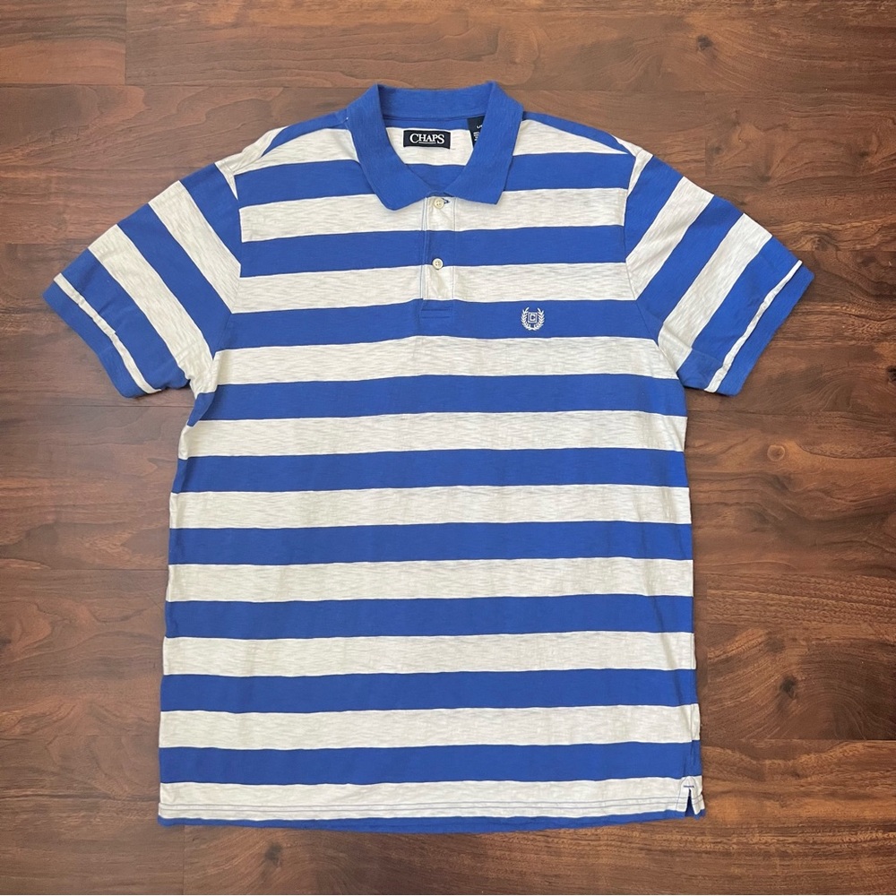 Chaps Men's Blue & White Striped Polo Short Sleeve Cotton Size L